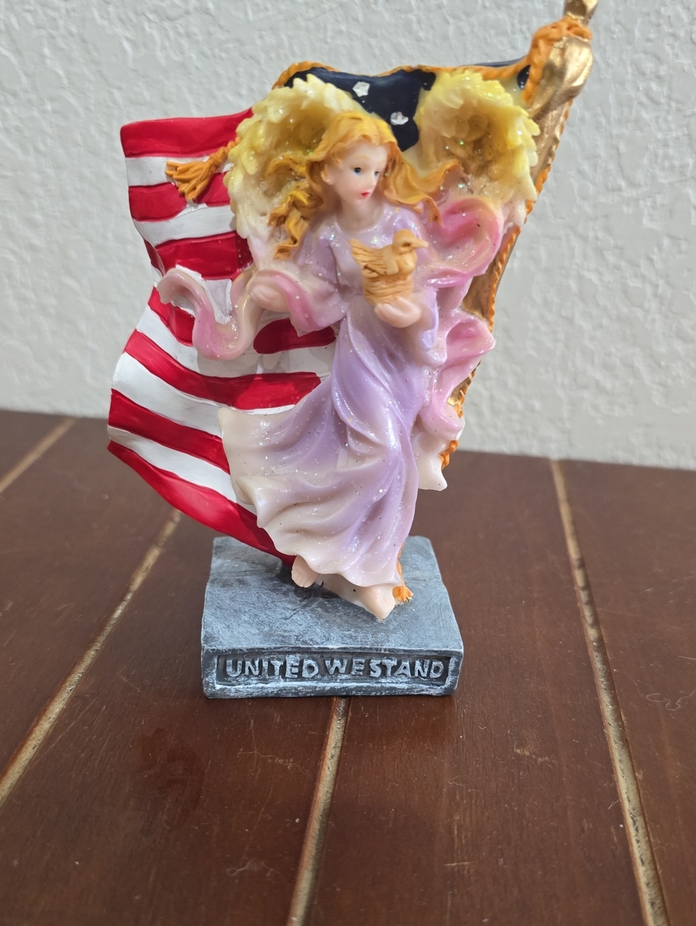 Patriotic Angel Figurine with Purple Gown and Gold Wings